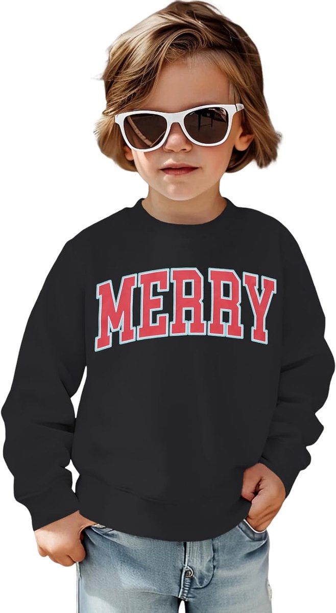 C&M WODRO Kersttrui voor kinderen, Merry Print, kersttrui, uniseks, voor jongens en meisjes, kleding, katoen, ronde hals, lange mouwen, kerstfeest, pullover voor broers en zussen, wintertrui