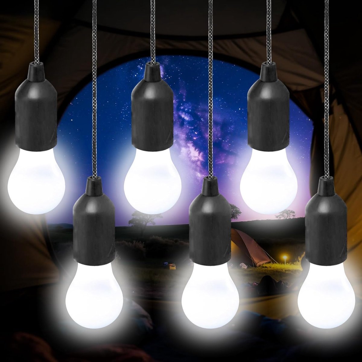 6 stuks campinglamp: Light LED-lamp met trekschakelaar, LED-lantaarn, op batterijen werkende tentlamp voor wandelen, vissen, tent, tuin, BBQ