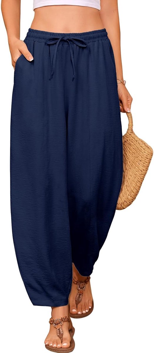 Zomerbroek voor dames, 7/8, lichte zomerbroek, luchtig, elastisch, hoge taille, capribroek, vrijetijdsbroek, comfortabele losse casual strandbroek, brede yogabroek met trekkoord en zakken