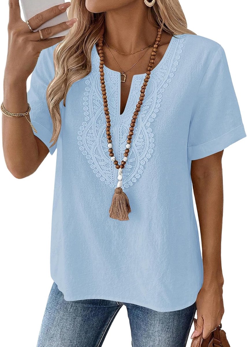Blouse dames korte mouwen katoen linnen zomer kant tuniek bovendeel