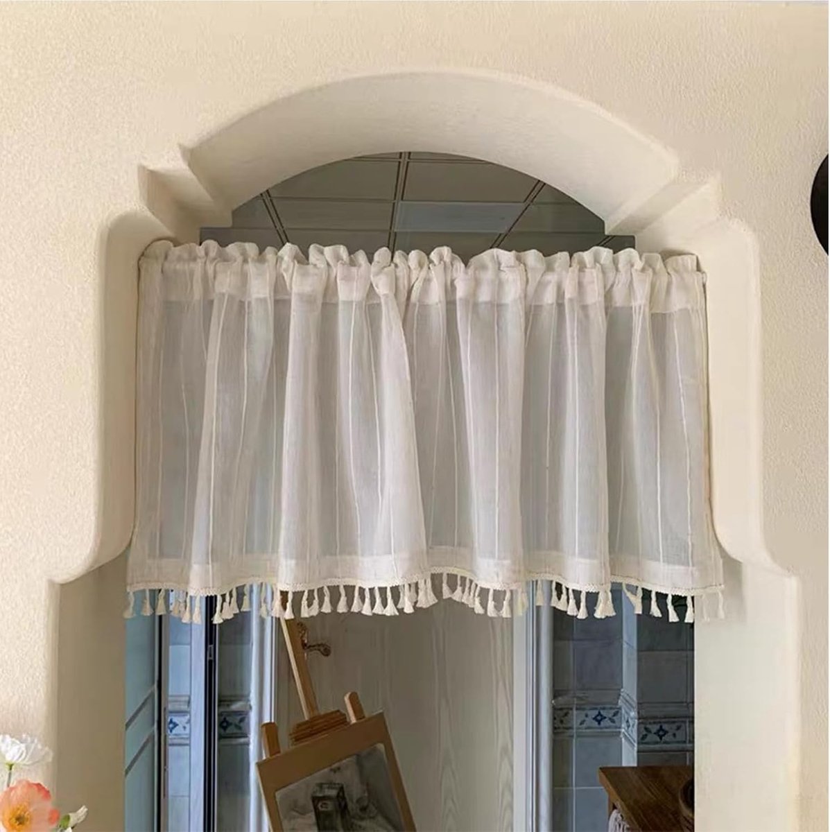 Natuurlijk linnen, bistrogordijn voor balkondeur, caravan, landhuisstijl, boerderij, gordijnen, gestreept, kort, semi-transparant, keukengordijnen met kwastjes, 60 x 100 cm (h x b)