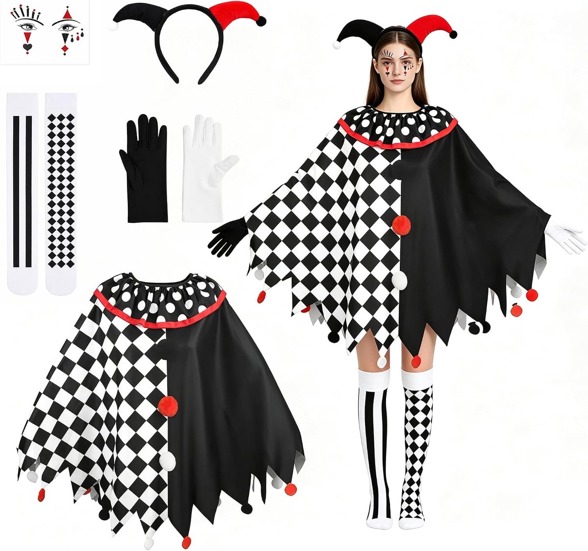 Clownkostuum voor dames, Halloween-kostuum voor dames, griezelig, terrifier harlekijn, horrormoordenaar, griezelige kunst, horrorclownkostuum, groot, clownkostuum voor dames, carnaval, circus, boze