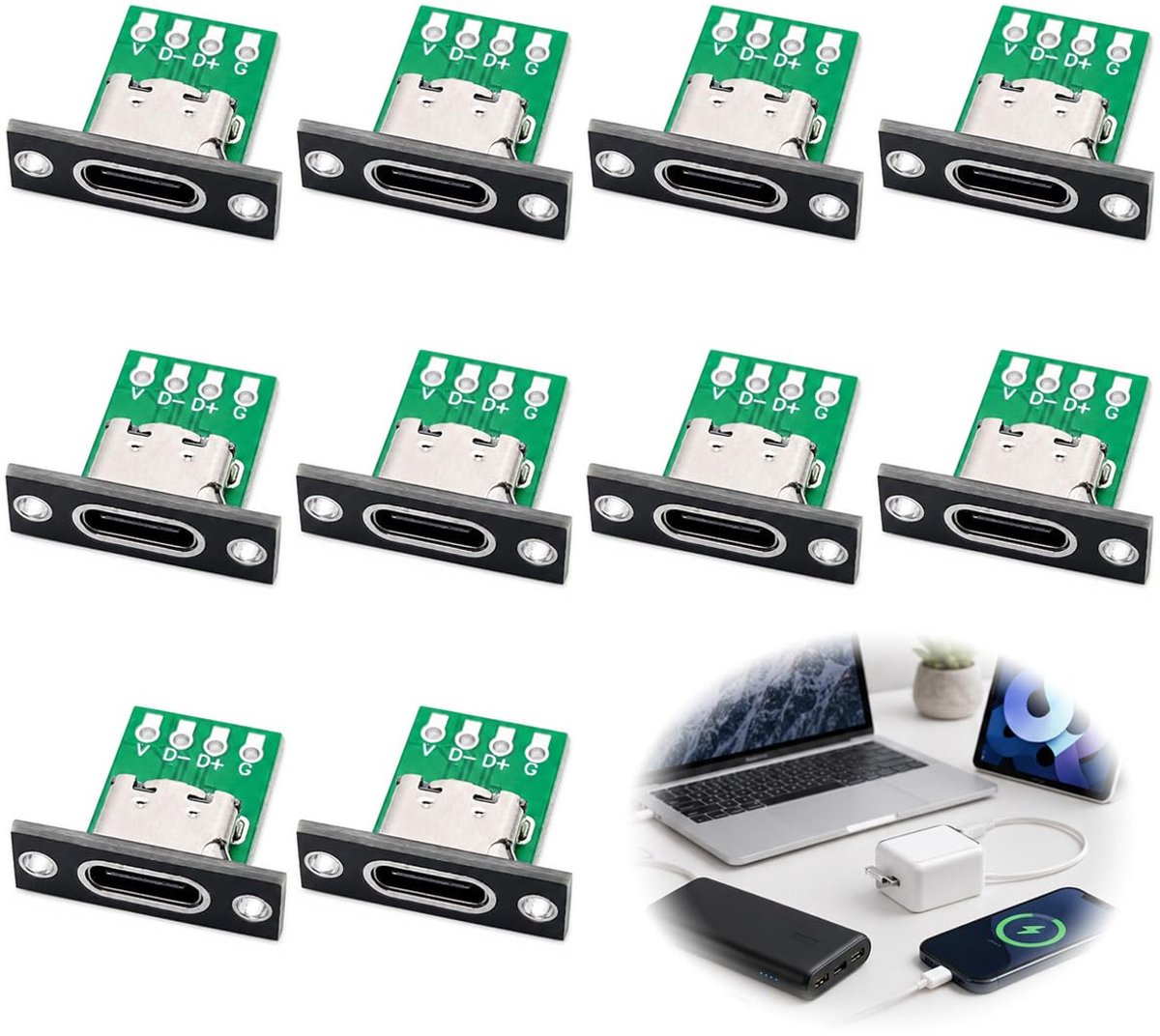 10 stuks USB C Breakout Board, USBC-aansluiting, C-printplaat, 3.1 type C stekker board, PCB converterboard C, zwart, voor doe-het-zelf elektronica reparatie en USB C-stekker solderen