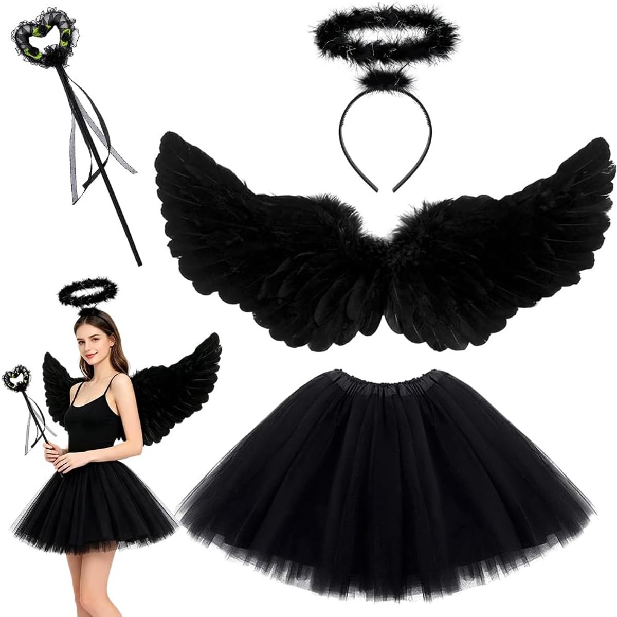 Kostuum, Halloween Kostuums Accessoire Sets met Engelenvleugels Tutu Rok Feeën Toverstaf Halo Duivel Vermomming Engelenvleugels Cosplay Kostuums Accessoires voor Carnaval Feest Halloween
