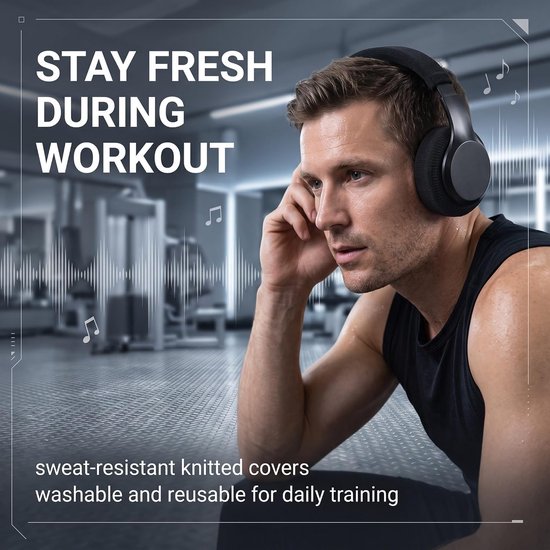 1 paar hoofdtelefoonhoezen, zweetbescherming, wasbaar, gebreide stof, rekbaar, oorbescherming voor hoofdtelefoon van 6 tot 7,5 cm, ideaal voor sport, gym en gaming, zwart — afbeelding 2