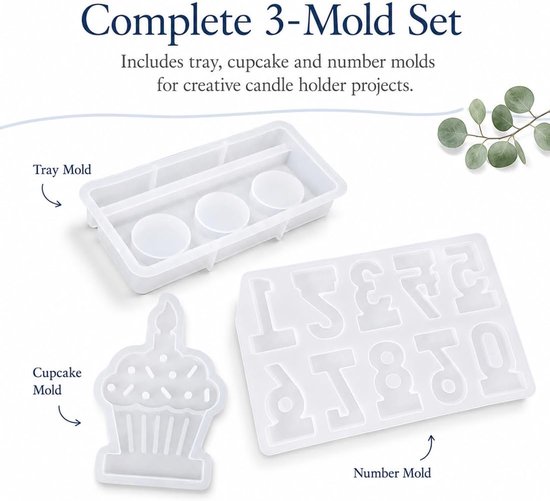 3 siliconen kaarsvormen, complete set, kaarsvorm, rechthoekige sokkel, 3 plaatsen, cupcakevorm en cijfers 0-9 voor verjaardagsfeesten, doe-het-zelf decoraties en kunstcreaties — afbeelding 3