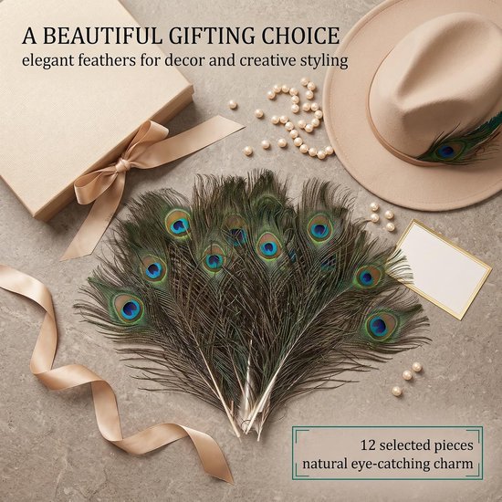 12 stuks natuurlijke pauwenveren 25-30 cm, iriserend oog 4-6 cm, decoratieve veren voor hoeden, carnavalsmaskers, vazen en sieraden, knutselaccessoires voor bruiloften en doe-het-zelf creaties — afbeelding 5