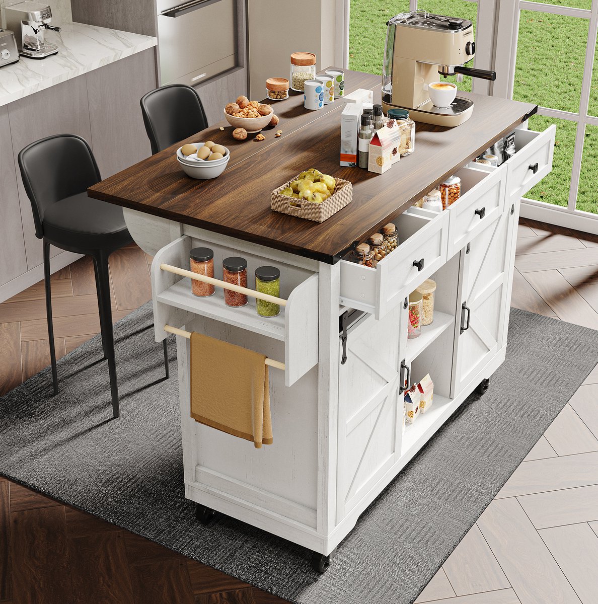 WUVRIE - Keukeneiland 140x73x94 cm - Uitklapbaar werkblad, 3 lades en schuifdeuren - Beige