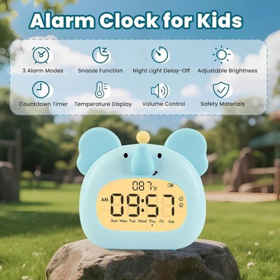 3-in-1 digitale kinderwekker - Draadloze slaaptrainer en dimbaar nachtlampje - USB-C oplaadbaar met snoozefunctie - BPA-vrij - Week/weekendalarm voor jongens en meisjes - Olifant — afbeelding 2