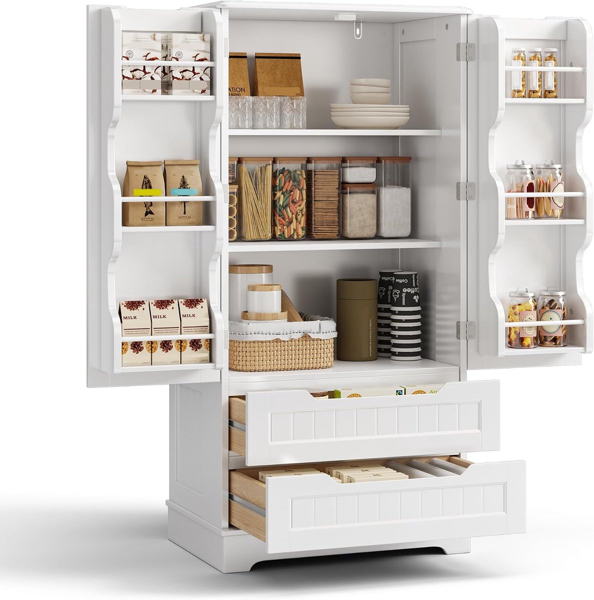 Dressoir 60x120x40 cm - Wit met houten blad, Buffetkast met 2 lades en deuren, Opbergkast voor keuken, eetkamer of woonkamer - Industrohome