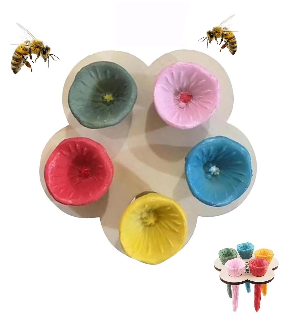Bijendrinkbeker voor de tuin, 5 stuks bijen-drinkbekers, bonte bijendrinkbeker met houten schaal, insectenbad voor bijen en vlinders, ideaal als tuindecoratie