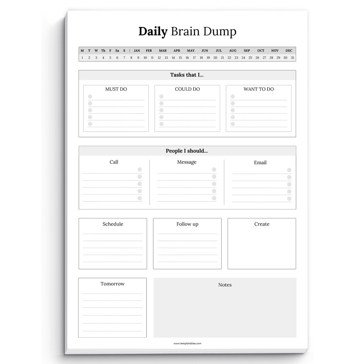 SnelShoppen - Brain Dump Kladblok A4, To Do List Bureau-onderlegger voor Productiviteit, 50 Ongedateerde Afscheurvellen, ADHD Dagelijkse Planner, Mono
