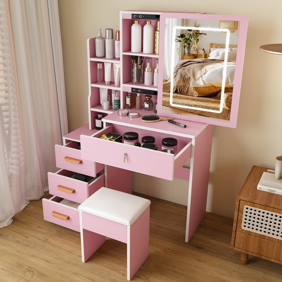 REDOM Kaptafel - Spiegel met LED-verlichting - Drie lichtmodi met instelbare helderheid - Vier lades - MDF - Roze - 85 x 36 x 130 cm