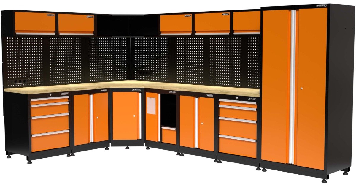Kraftmeister werkplaatsinrichting - Werkbank met 6 wandkasten, 1 werkplaatskast, 3 opbergkasten, 1 prullenbak en eiken werkblad - Werktafel met 8 laden en gereedschapswand - Complete set voor werkplaats of garage - Oranje