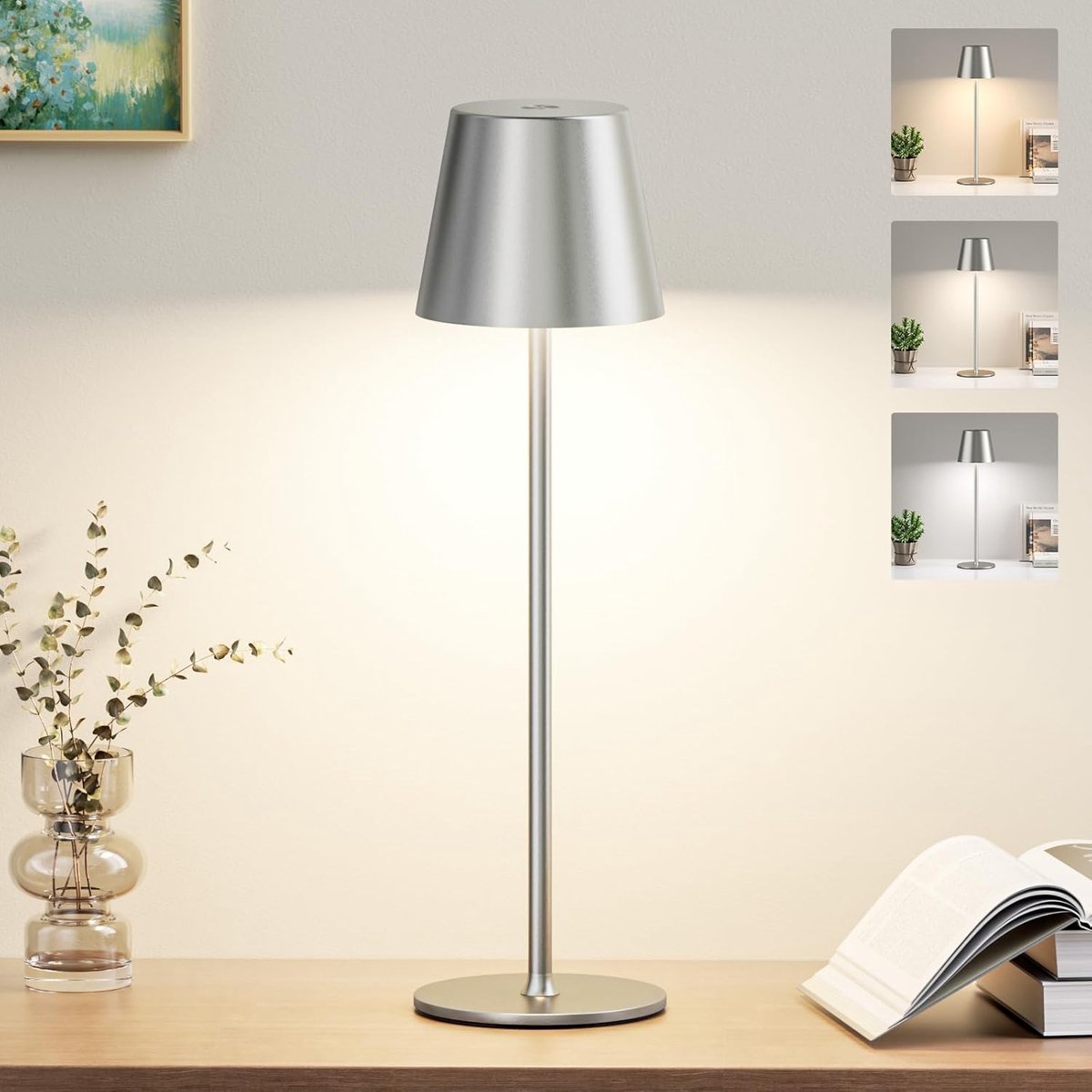 SnelShoppen - Dimbare Draadloze Tafellamp met 3 Kleuren, Oplaadbare LED Bedlamp voor Slaapkamer, Woonkamer, Camping, Tuin, Buiten Cafe - Grijs