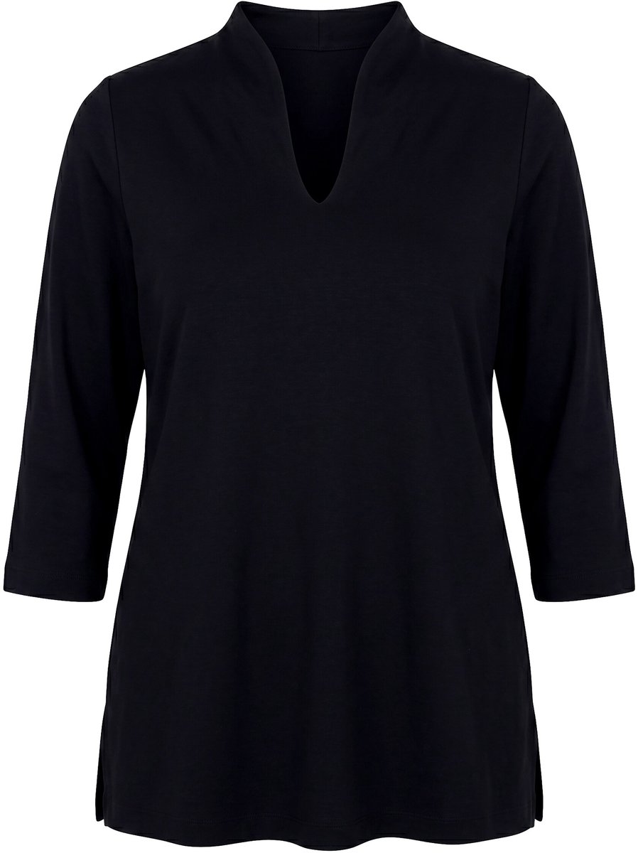 Ulla Popken - Dames - Shirt A-lijn gobletkraag 3/4-mouw Pima-katoen - Zwart - Maat 54+
