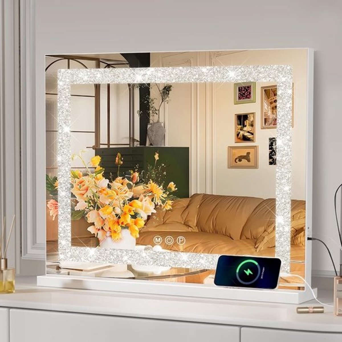 make-upspiegel met verlichting - Crystal Crush Diamond Mirror - 15 leds - 3 modi - Hollywood-tafelspiegel