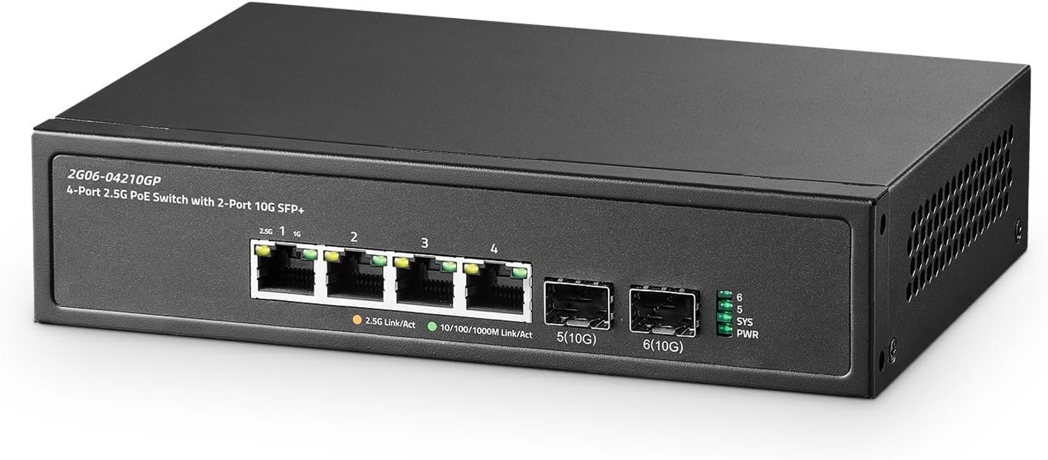 6 haven2.5G PoE Schakelaar met 2x10G SFP+ Haven, 4x2.5G basis-T Havens Compatibel met 100/1000Mbps, IEEE802.3af/at 78W, Unmanaged Fanless Schakelaar van Rackmount Ethernet