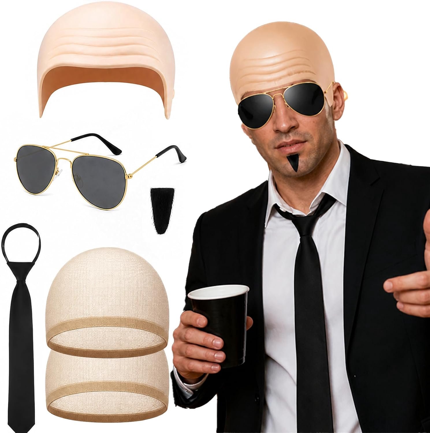 6 stuks kale kostuumset voor heren en dames, pruik, kaal hoed, baldcap, fancy jurk, cosplay hoed, kostuumaccessoires voor Halloween volwassenen