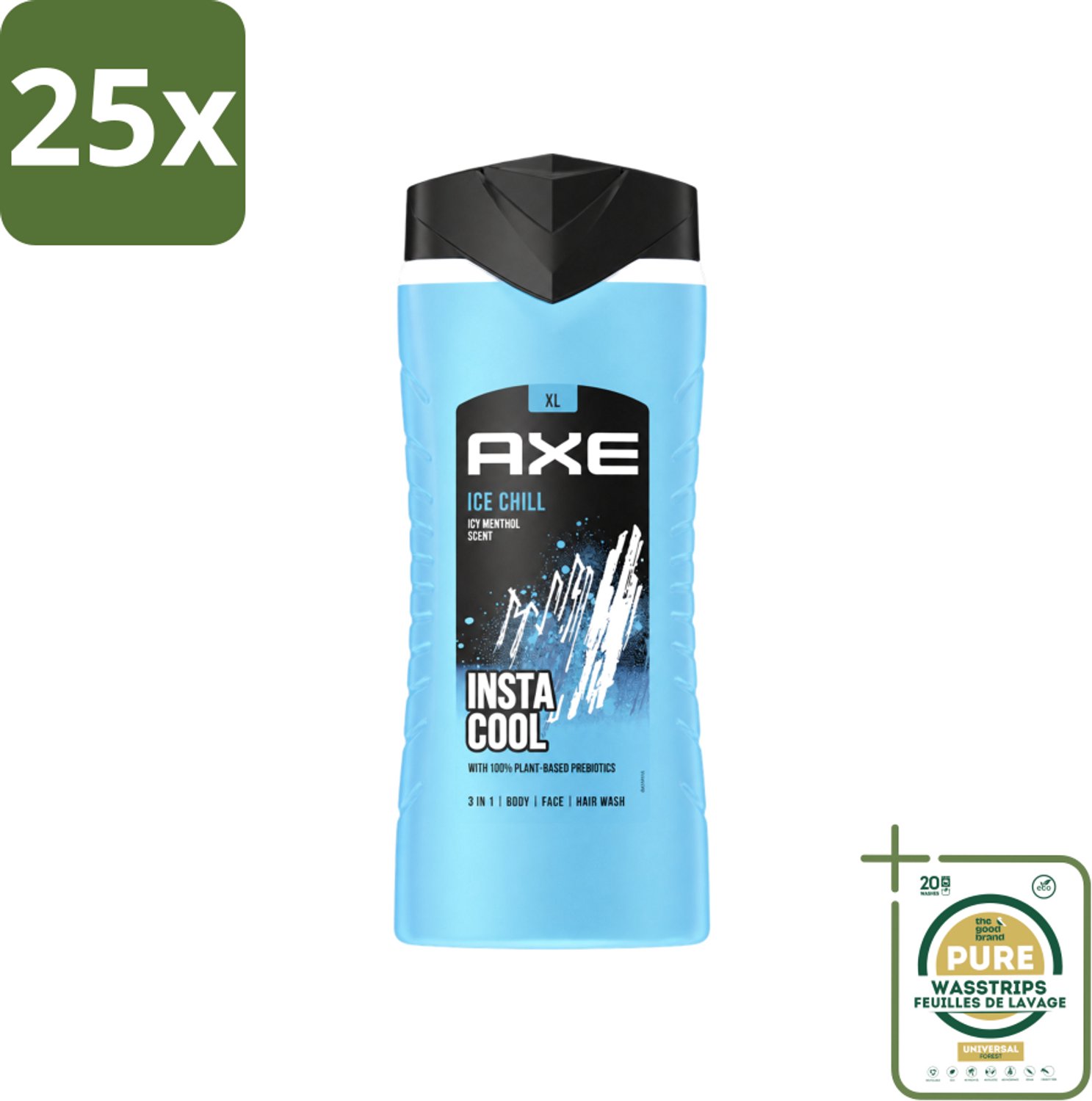 25 x Axe XL - 3-in-1 Douchegel - Ice Chill - Icy Menthol - Insta Cool - 400 ml - Wasstrips - Douchegel - Frisheid - Bevroren Munt - Citroen - 3-in-1