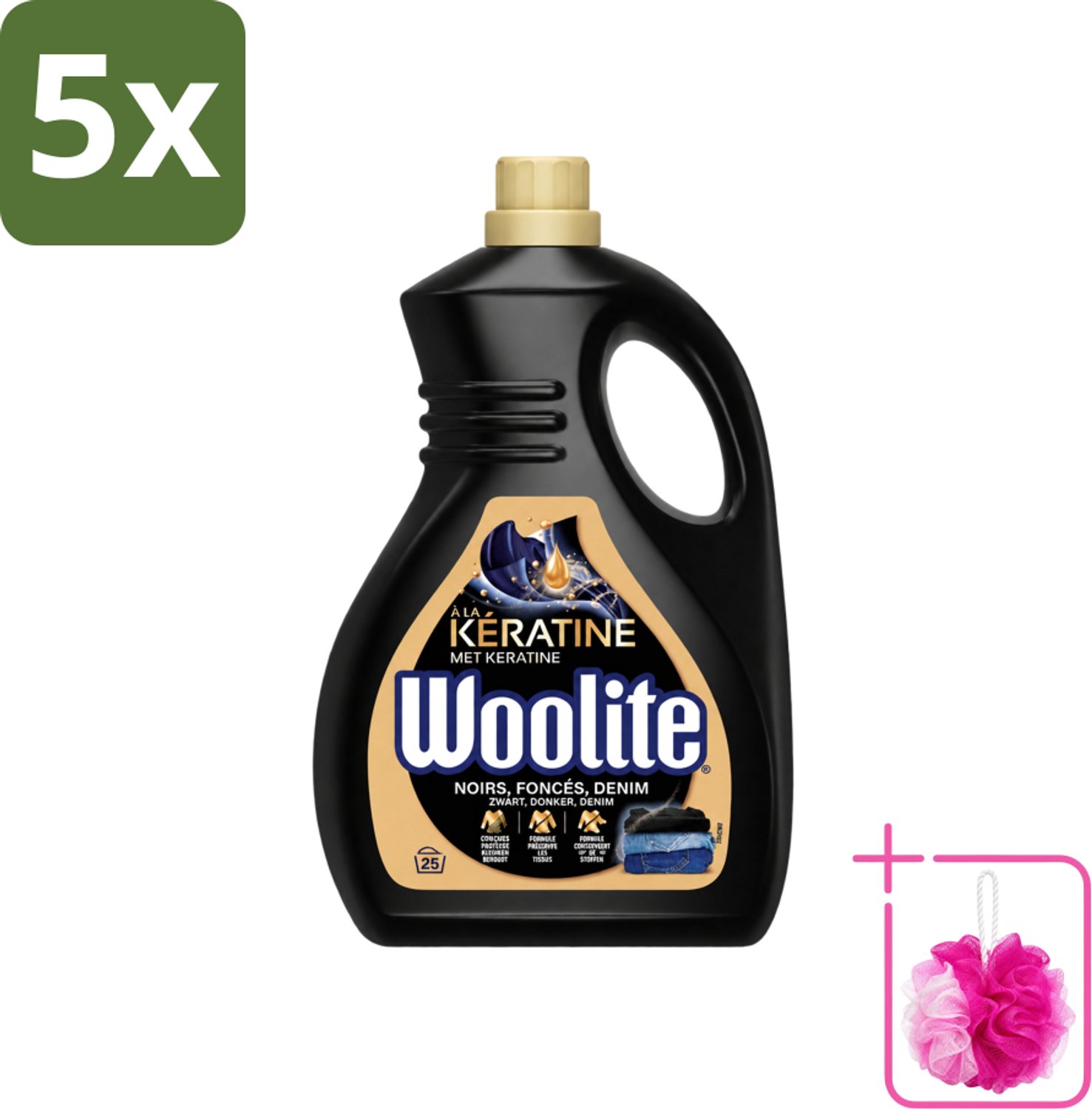 5 x Woolite Dark - Vloeibaar Wasmiddel - Met Keratine - Donkere & Denim Was - 25 Wasbeurten - 1,5L - Bulkverpakking - Donker wasmiddel - Douchemop - Denim wasmiddel