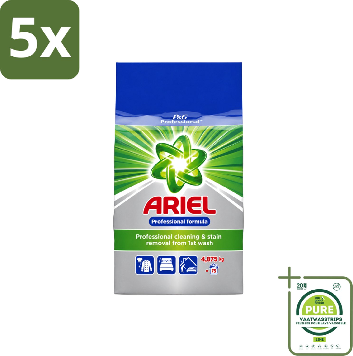 5 x Ariel – Waspoeder Professional – Original – 4,8 kg – 75 wasbeurten - Grootverpakking - Vaatwasstrips - Ariel Professional Waspoeder - 4.8 Kg Waspoeder - Professioneel Wasmiddel - Actilift Waspoeder - Waspoeder Voor Wit En Gekleurd Textiel
