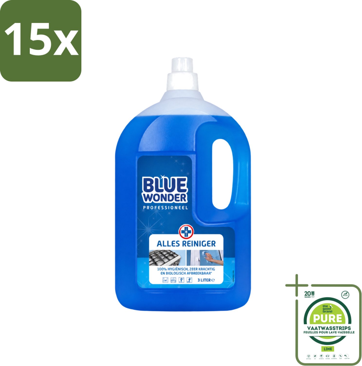 15 x Blue Wonder - Professionele Allesreiniger - Krachige Hygiëne - Biologisch Afbreekbaar - 3L - Grootverpakking - Vaatwasstrips - Allesreiniger - Hygiëne - Vetverwijderaar - Vlekverwijderaar - Waskrachtversterker