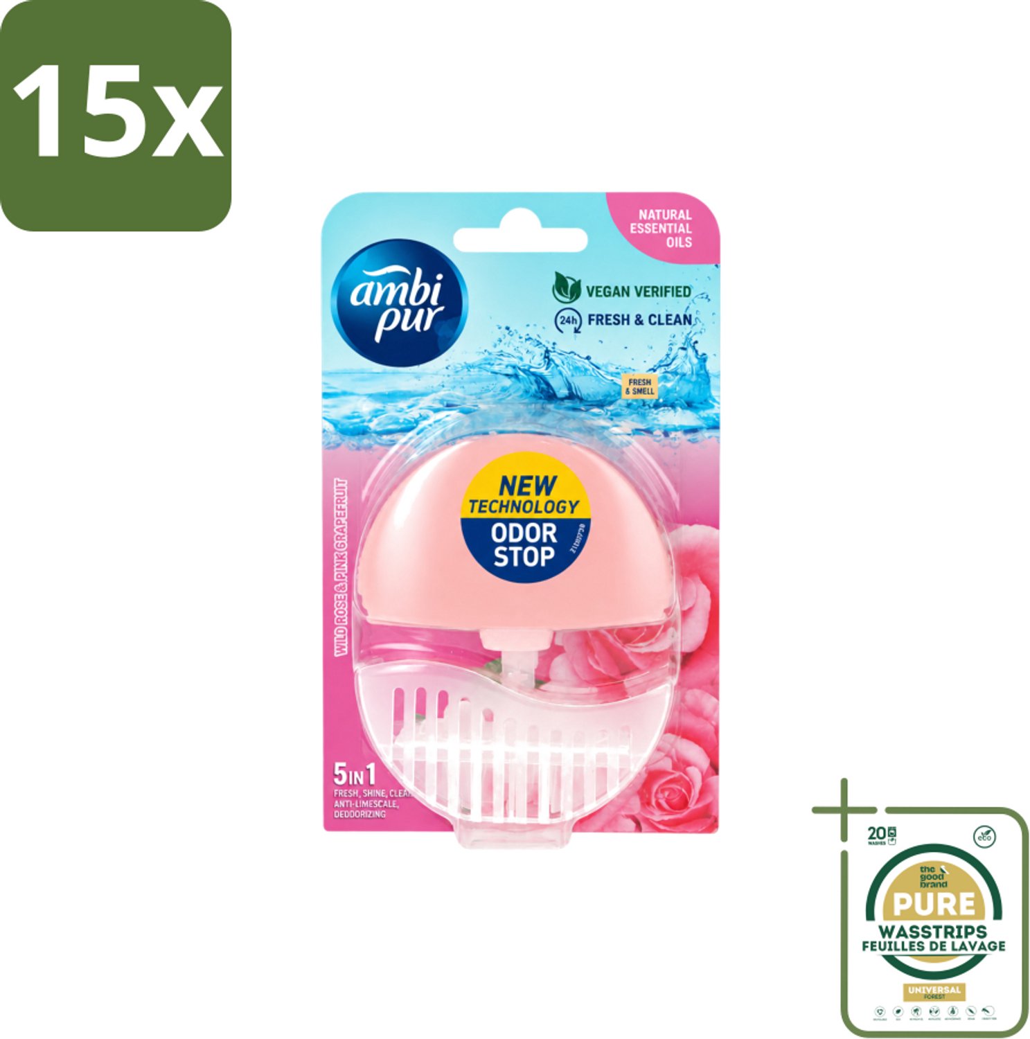 15 x Ambi Pur - Toiletblok - 5in1- Wilde Roos & Roze Grapefruit - 1 Blok - Wasstrips - Toilet - Toiletblok - Frisheid - Super Shine - Anti-kalk