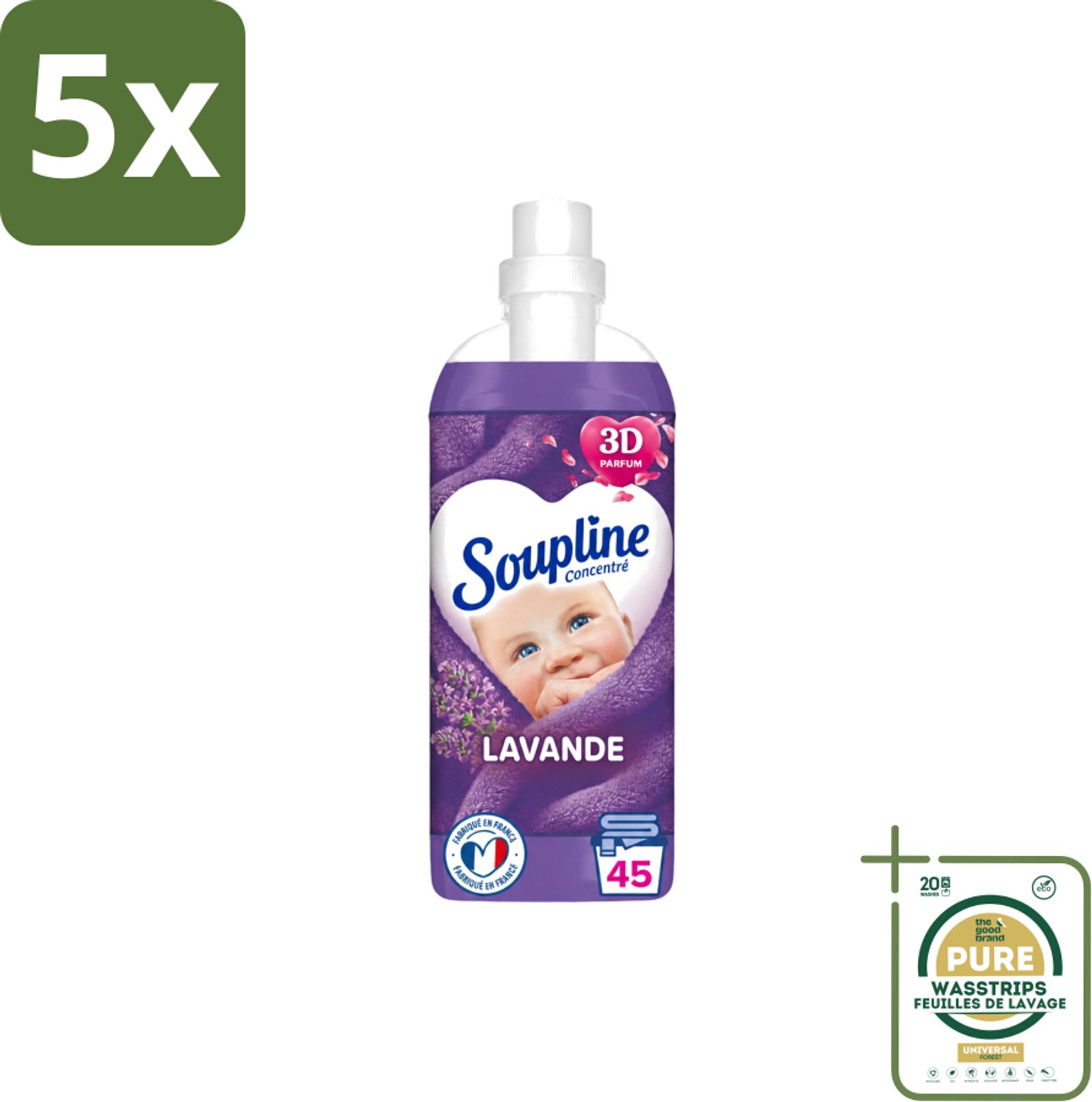 5 x Soupline - Wasverzachter - Lavendel - 45 Wasbeurten - 1L - Wasstrips - Wasverzachter - Wasgoed Verzorgen - Wasresultaat - Wasmachine - Wasverzachter Lentebloesem