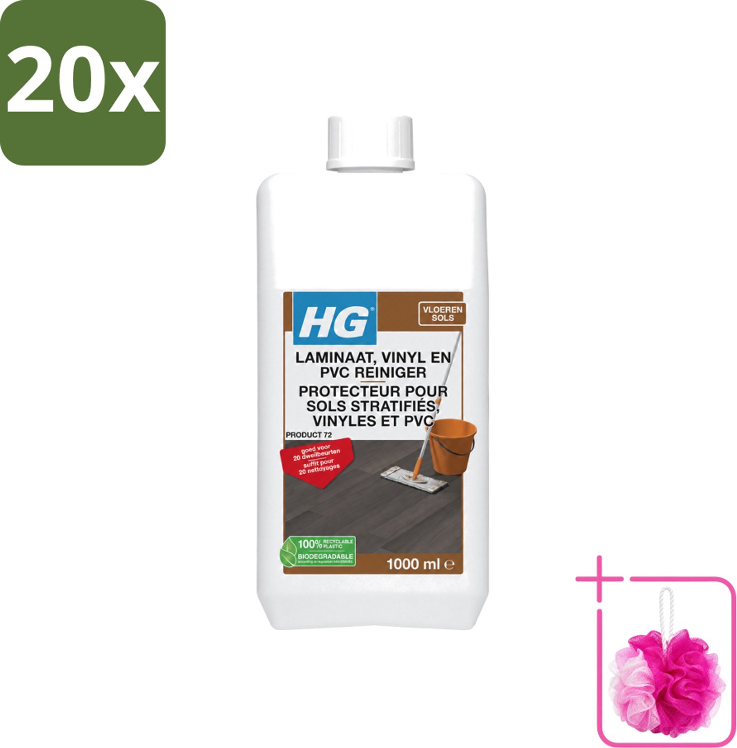 20 x HG - Laminaat, Vinyl & PVC Reiniger - Frisse Geur - Reinigt Streeploos - 20 Dweilbeurten - 1L - Bulkverpakking - Laminaatreiniger - Douchemop - Vloerreiniger
