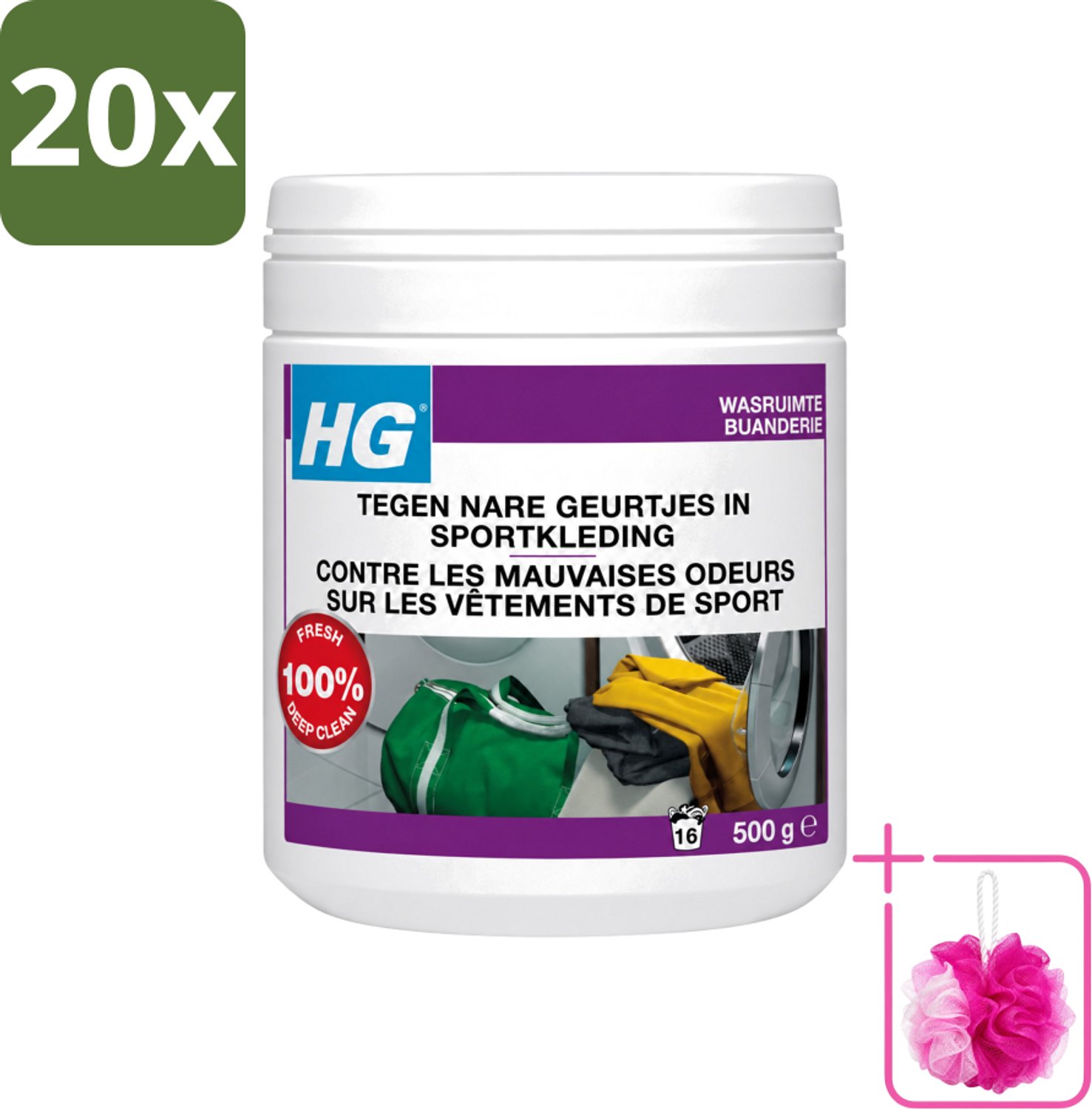 20 x HG - Wasruimte - Tegen Nare Geurtjes In Sportkleding - Wasmiddeltoevoeging - 500 g - Bulkverpakking - Geurverwijdering sportkleding - Douchemop - Stankmoleculen verwijderen