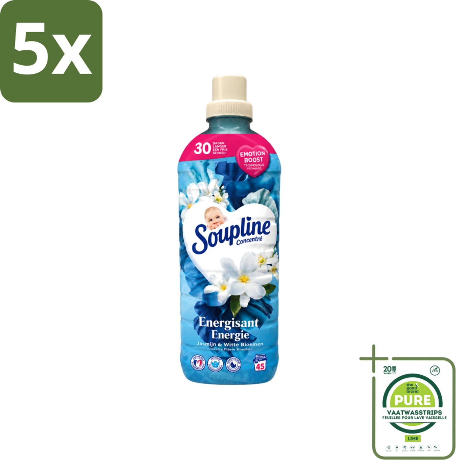 5 x Soupline – Wasverzachter – Energie Jasmijn & Witte Bloemen – 950 ml - Grootverpakking - Vaatwasstrips - Wasverzachter - Jasmijn - Witte Bloemen - Fris - Energie