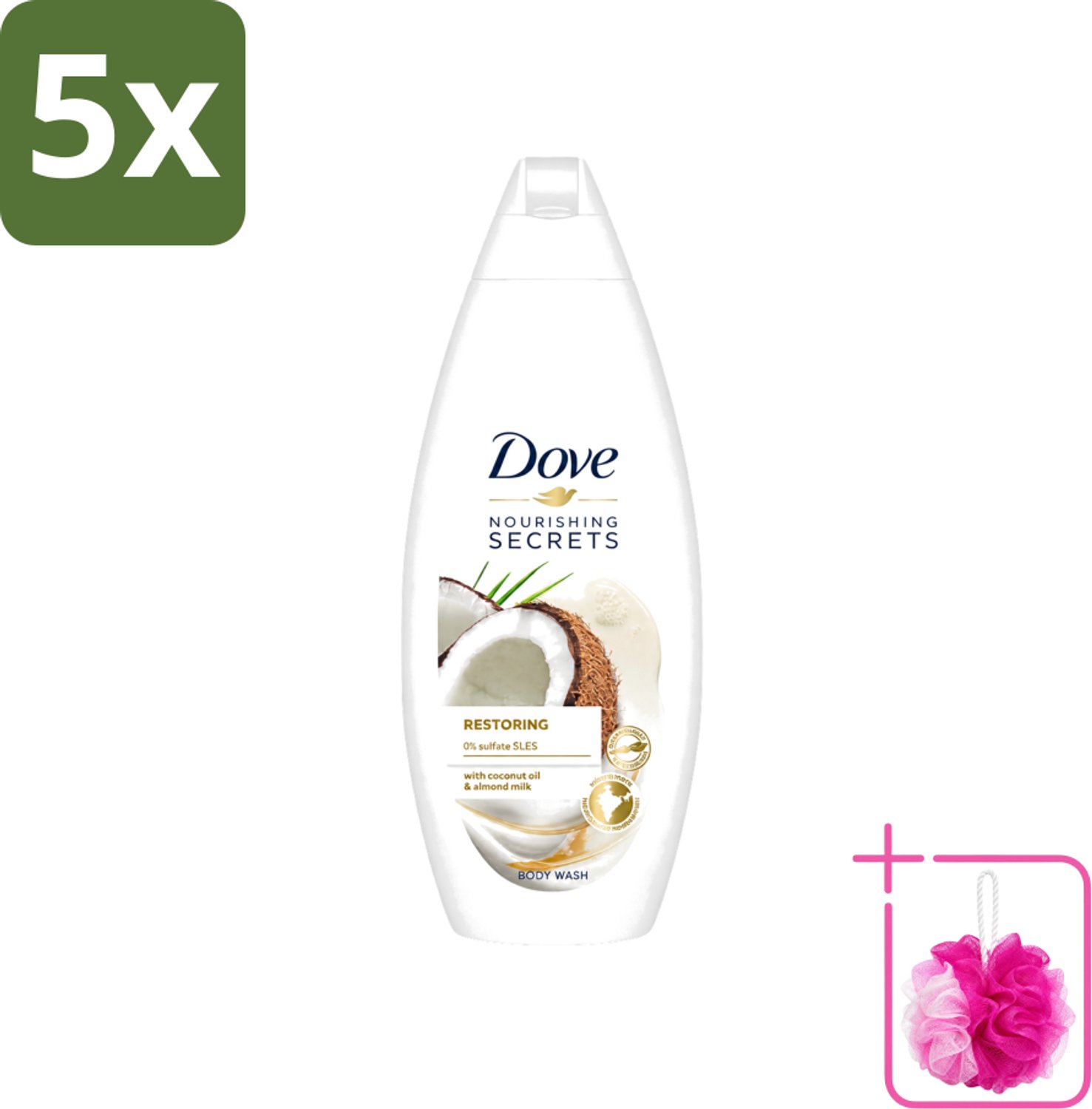 5 x Dove Nourishing Secrets - Douchegel - Kokosolie & Amandel melk - Sulfaatvrij - 250 ml - Bulkverpakking - Douchegel - Douchemop - Kokosolie