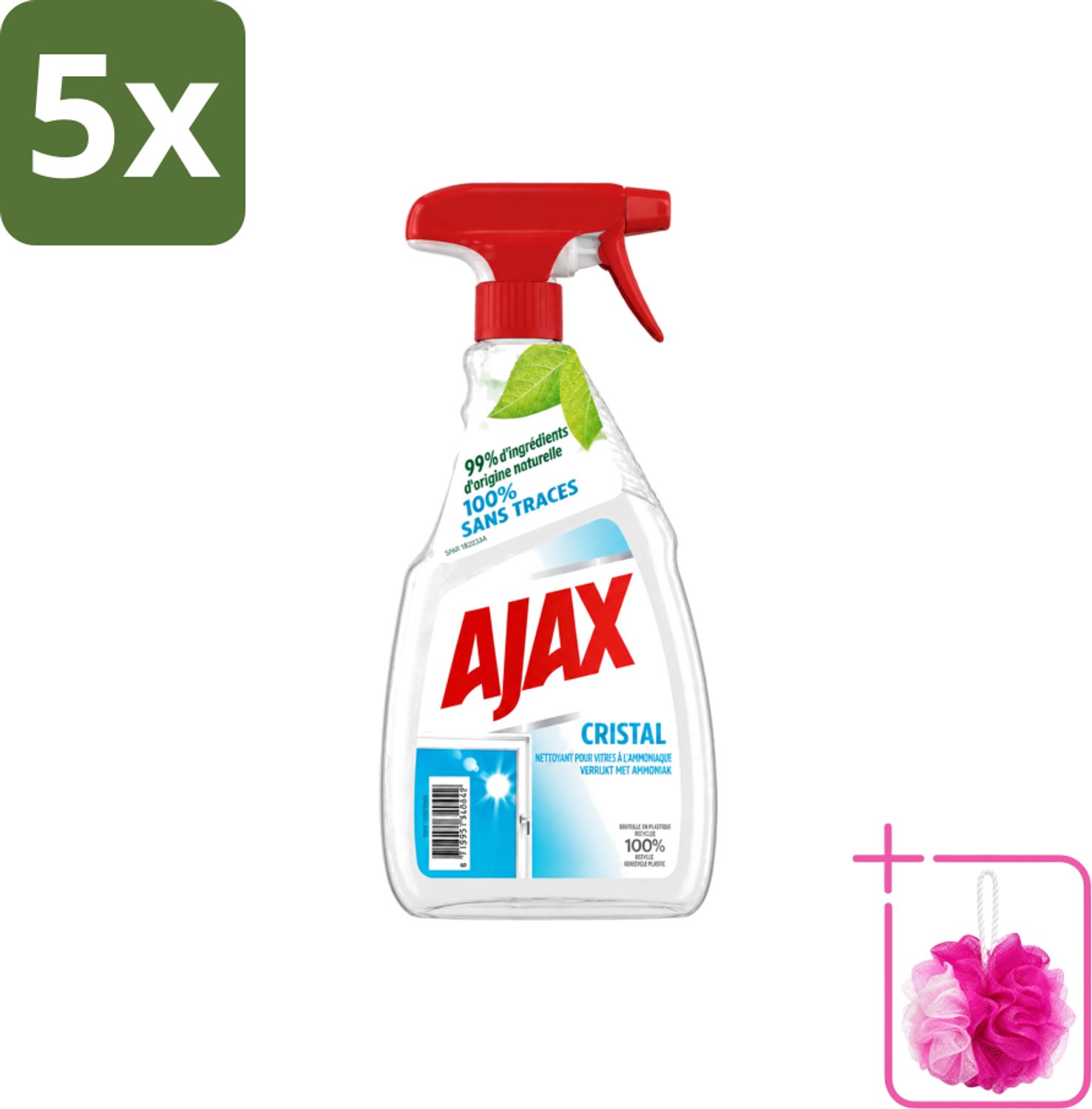 5 x Ajax - Ruitenreiniger - Cristal - Spray Met Ammoniak - 750 ml - Bulkverpakking - Ruitenreiniger - Douchemop - Ammoniak