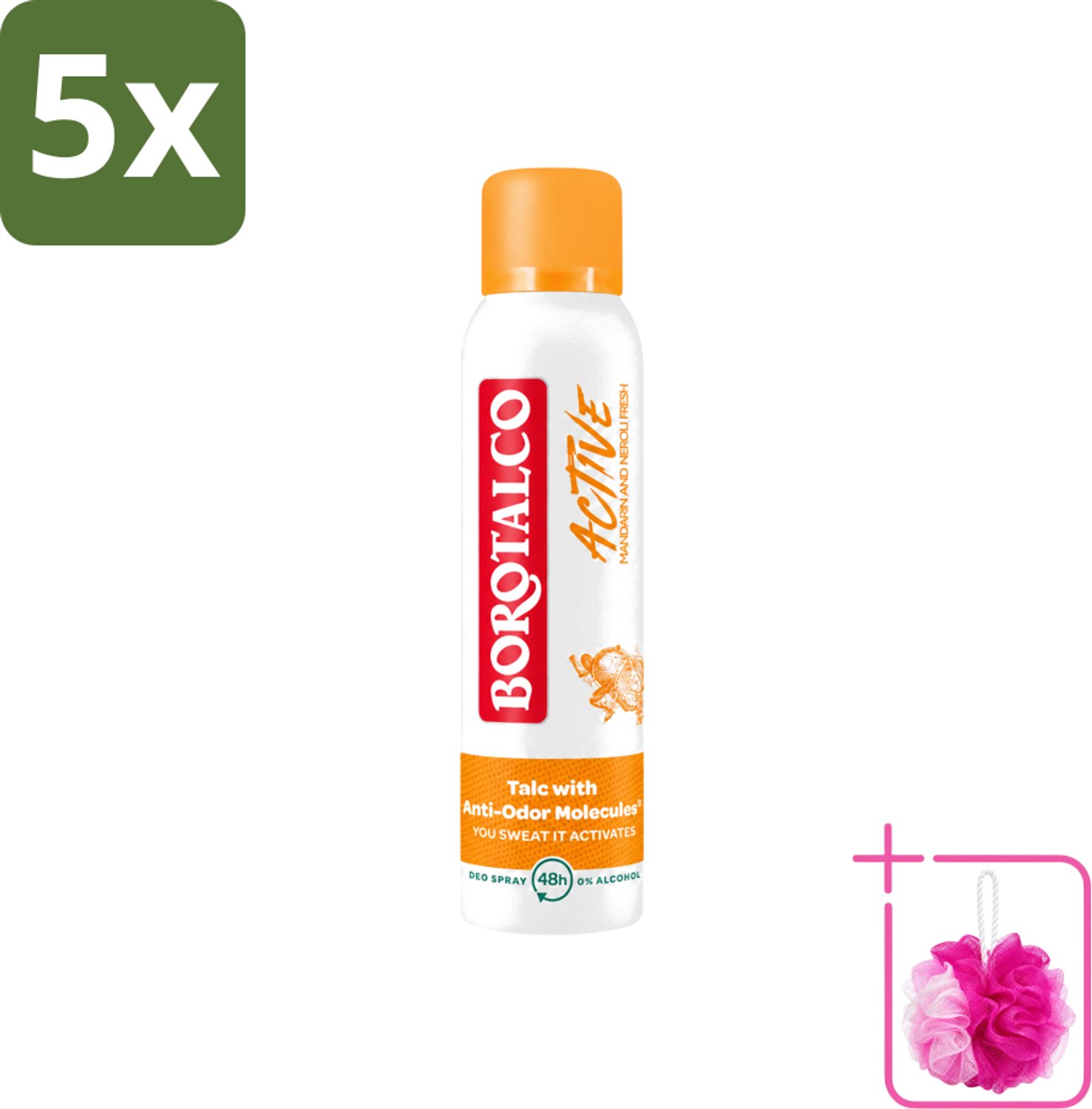 5 x Borotalco - Deodorant Spray - Active - Mandarin & Neroli Fresh - 0% Alcohol - 150 ml - Bulkverpakking - Deodorant Spray - Douchemop - Mandarijn en Neroli