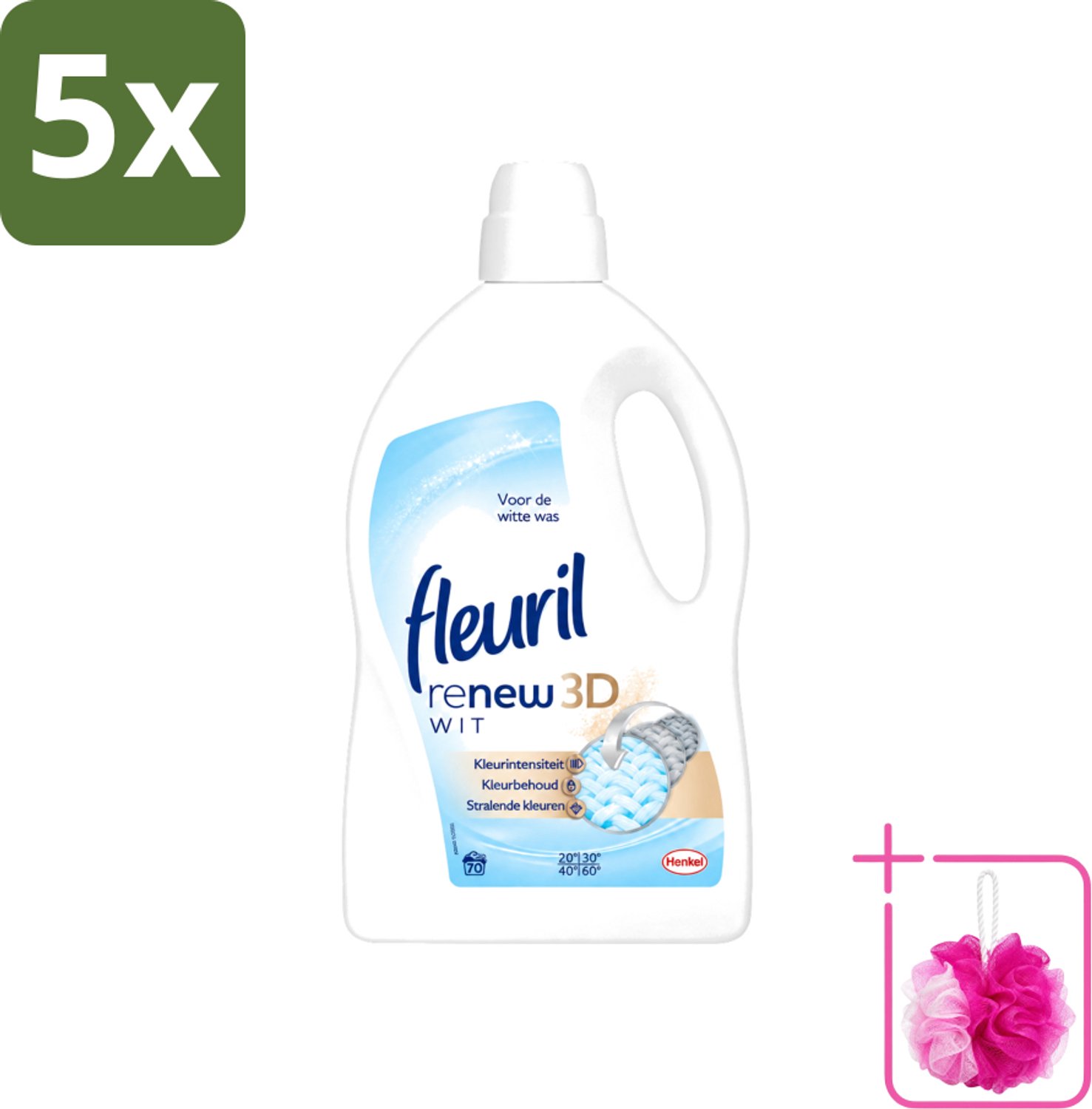 5 x Fleuril - Renew 3D - Vloeibaar Wasmiddel - Witte Was - 70 Wasbeurten - Bulkverpakking - Wasmiddel Witte Was - Douchemop - Witte Was