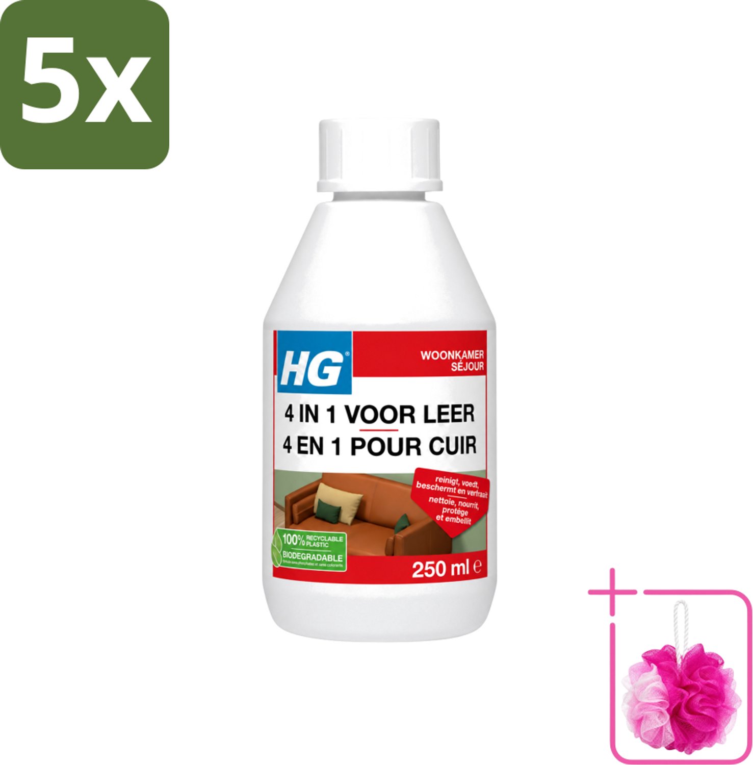 5 x HG - 4 In 1 Voor Leer - Beschermt, Voedt, Verfraait & Reinigt - 250 ml - Bulkverpakking - Leer reinigen - Douchemop - Leer voeden