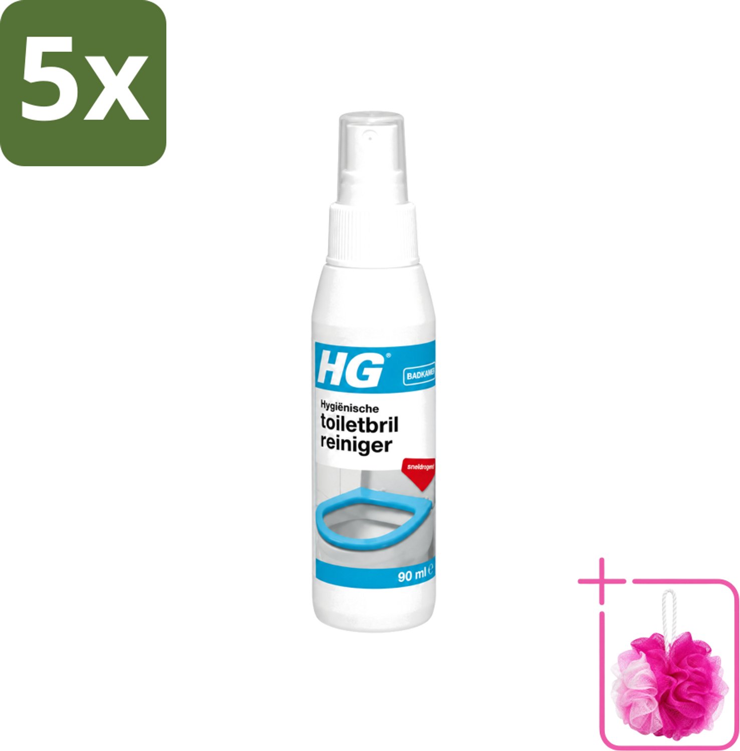 5 x HG - Badkamer - Hygiënische Toiletbrilreiniger - Sneldrogend - 90 ml - Bulkverpakking - Toiletbril reinigen - Douchemop - Hygiënische toiletbril reiniger