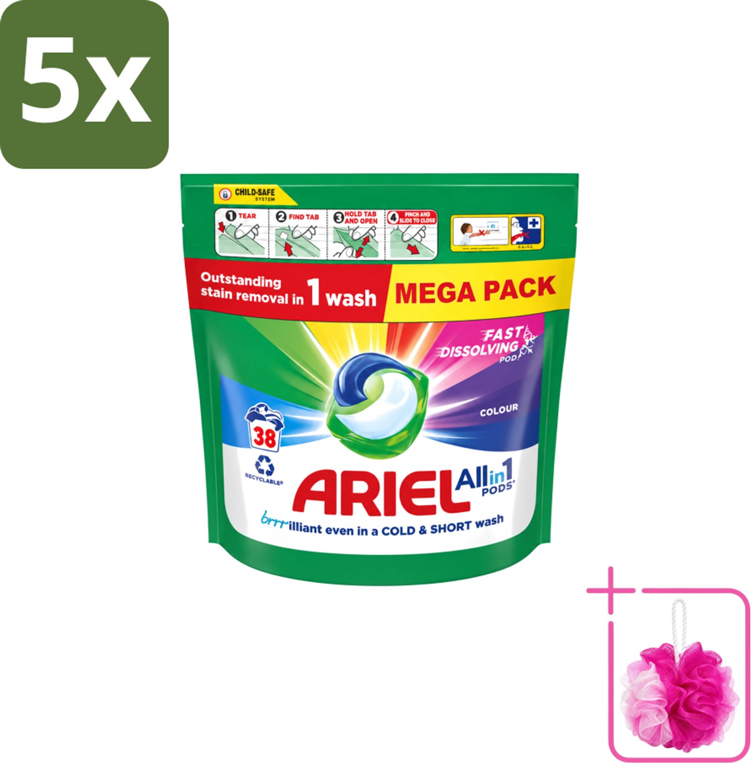 5 x Ariel – Pods All-in-1 – Color – 38 wasbeurten - Bulkverpakking - Kleurbehoud wasmiddel - Douchemop - Gekleurde was