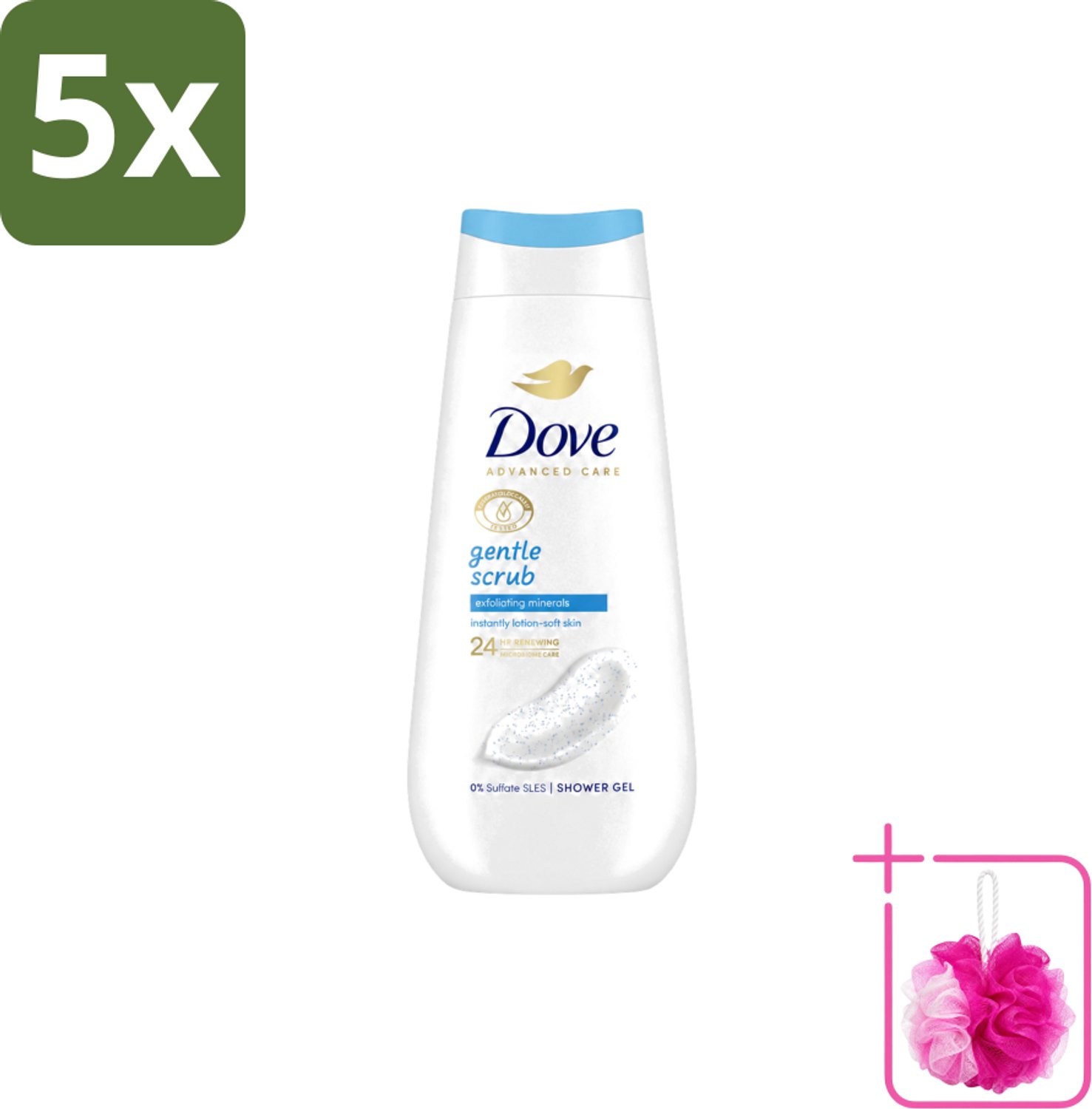 5 x Dove – Douchegel – Advanced Care Gentle Scrub – 225 ml - Bulkverpakking - Douchegel - Douchemop - Exfoliatie
