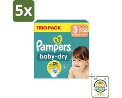 5 x Pampers – Luiers – Baby-Dry Trio Pack Maat 3 (6-10 kg) – 156 Luiers - Wasstrips - Baby Luiers - Droge Luiers - Anti-lek Luiers - Baby Droogheid - Nachtluier