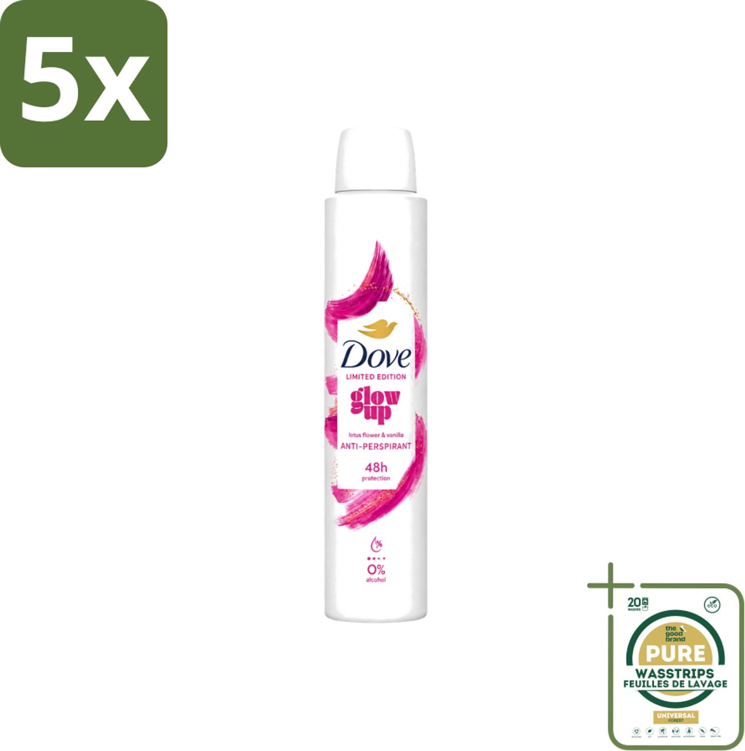 5 x Dove – Deodorant Spray – Glow Up – 200 ml - Wasstrips - Anti-transpirant Spray - Zweetvermindering - Geurvermindering - Fris - Bloemig