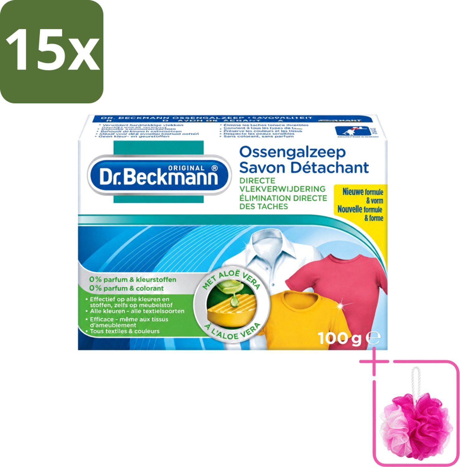 15 x Dr.Beckmann - Vlekkenverwijderaar - Ossengalzeep Met Aloë Vera - Witte en Gekleurde Was - 100g - Bulkverpakking - Vlekkenverwijderaar - Douchemop - Textiel reinigen