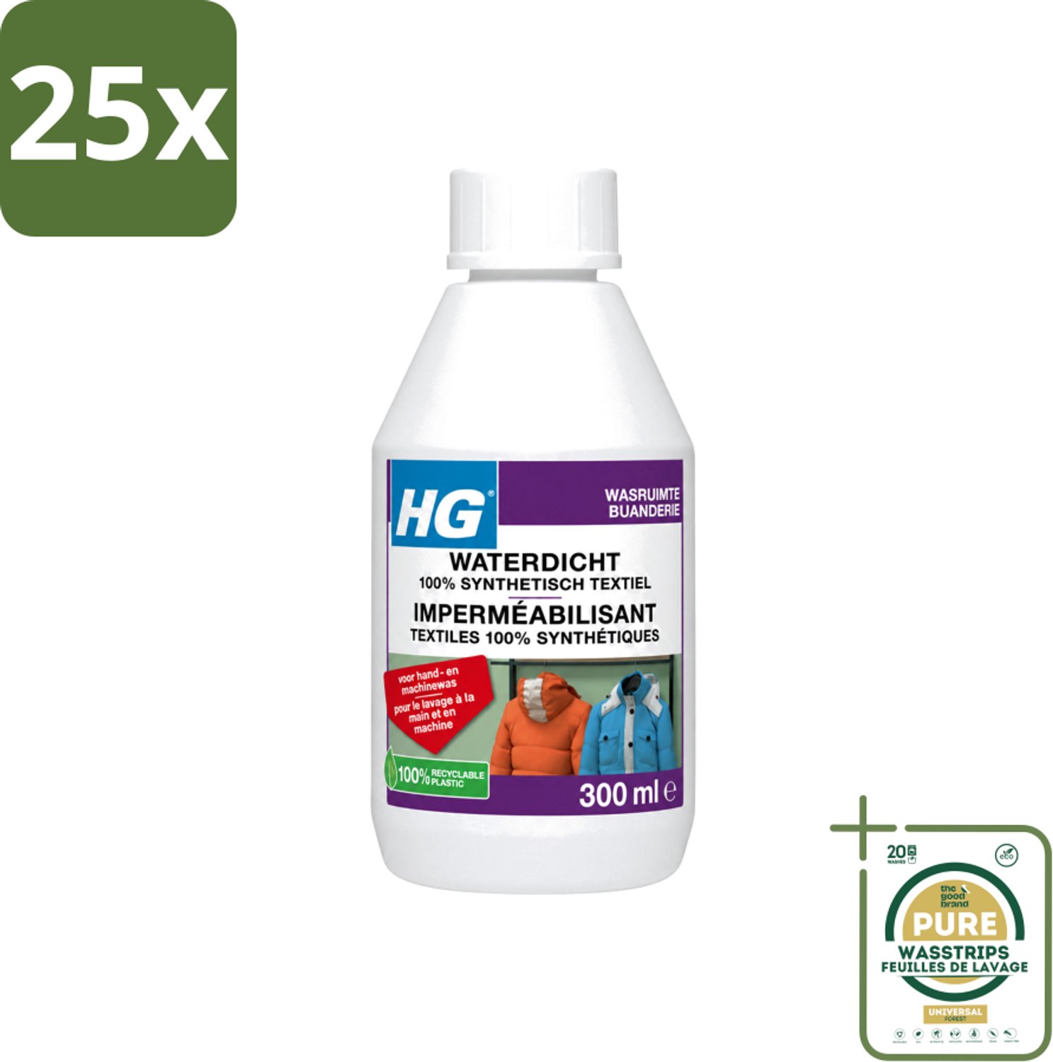 25 x HG - Wasruimte - Waterdicht 100% Synthetisch Textiel - Voor Hand & Machine Was - 300 ml - Wasstrips - Waterdicht Textiel - Vuilafstotend Textiel - Synthetisch Textiel Behandelen - Regenkleding Waterdicht Maken - Ski Kleding Waterdicht