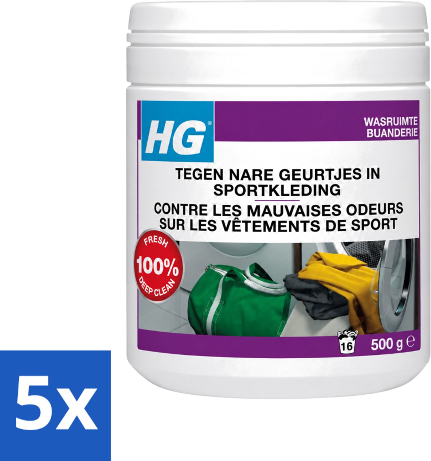 5 x HG - Wasruimte - Tegen Nare Geurtjes In Sportkleding - Wasmiddeltoevoeging - 500 g - Voordeelverpakking - 5 stuks