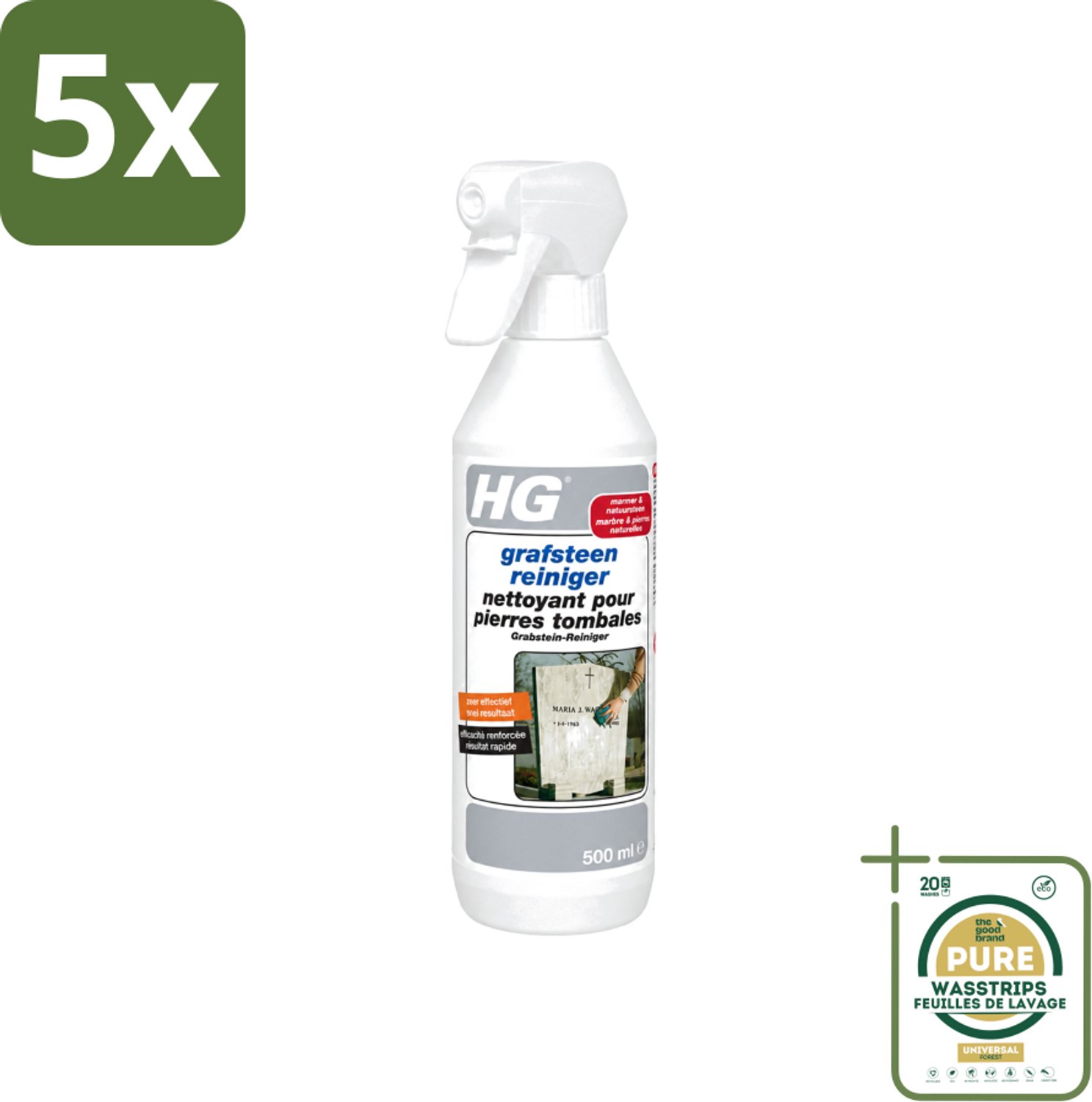 5 x HG - Grafsteenreiniger - Beschermt & Reinigt - 500 ml - Wasstrips - Grafsteen Reinigen - Natuursteen Reinigen - Grafsteen Onderhoud - Grafsteen Reiniger - Grafsteen Behandelen