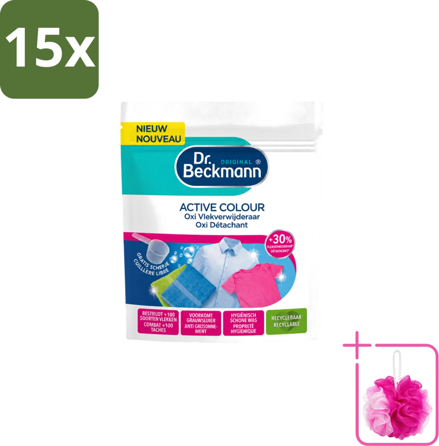 15 x Dr. Beckmann – Active Colour Oxi – Vlekverwijderaar – 400 g - Bulkverpakking - Vlekverwijdering - Douchemop - Kleurbehoud