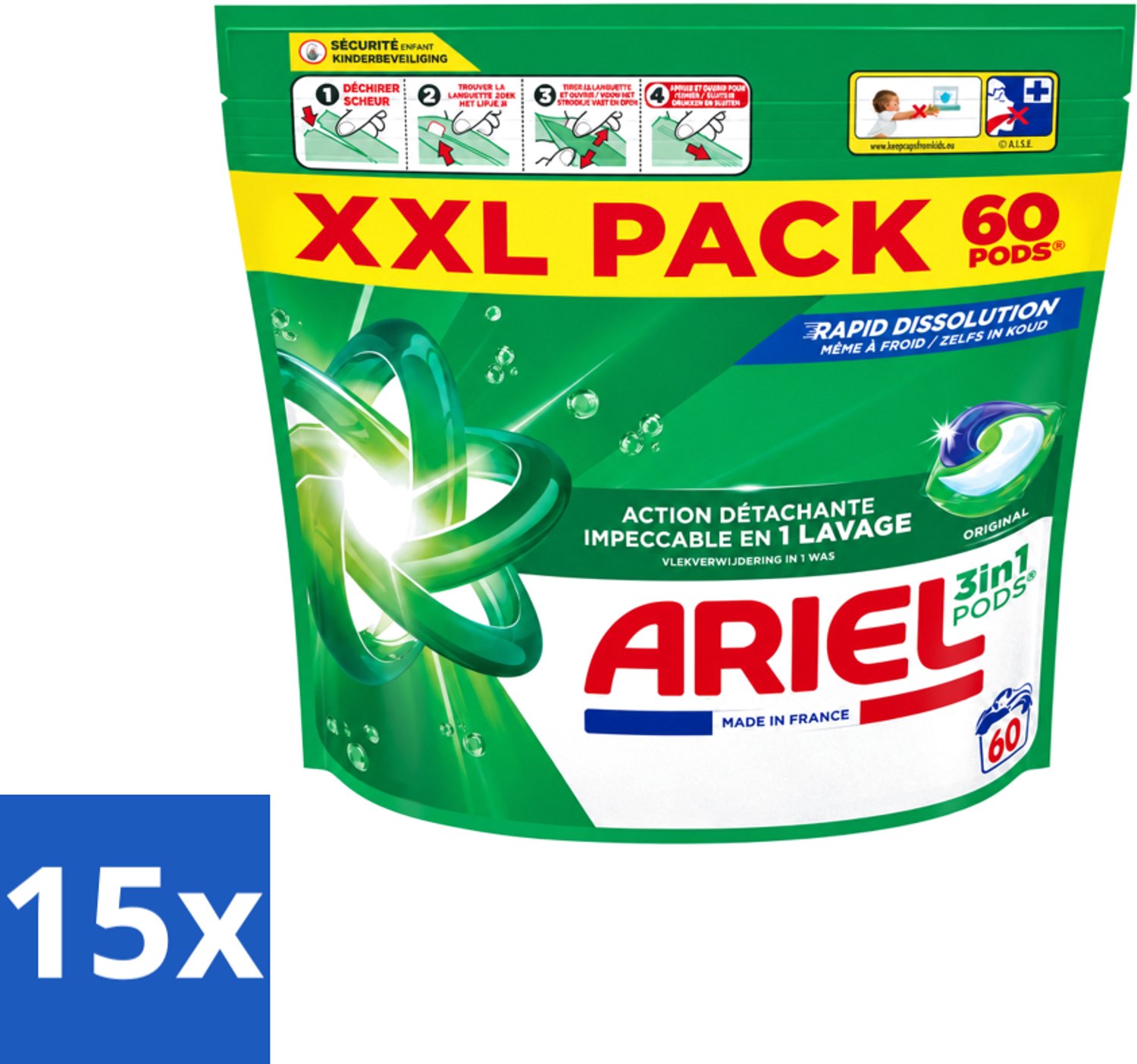 15 x Ariel – Pods 3in1 – Original – 60 wasbeurten - Voordeelverpakking - 15 stuks