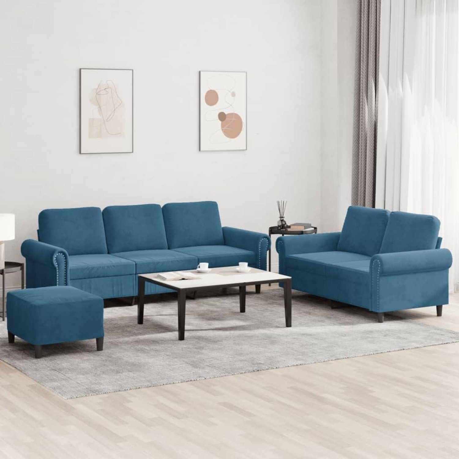 3-delig. Bankset met kussen blauw fluweel, zacht velours sofa set met kruk, robuust metalen frame, comfortabele bekleding voor woonkamer, zitgroep
