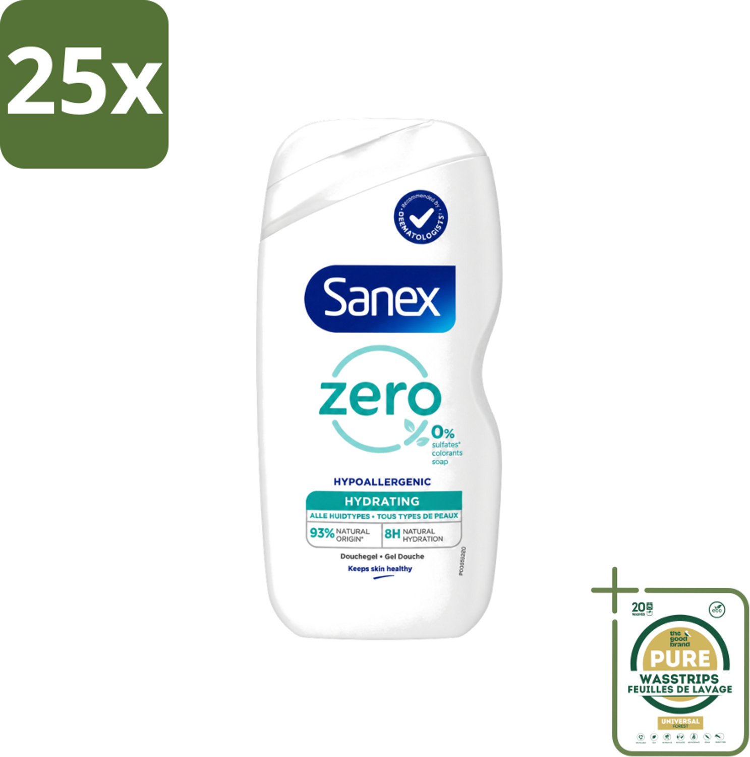 25 x Sanex Zero % - Douchegel - Hydrateert - Alle Huidtypes - 400 ml - Wasstrips - Douchegel - Huidverzorging - Hydraatende Douchegel - 0% Sulfaten - 0% Kleurstoffen
